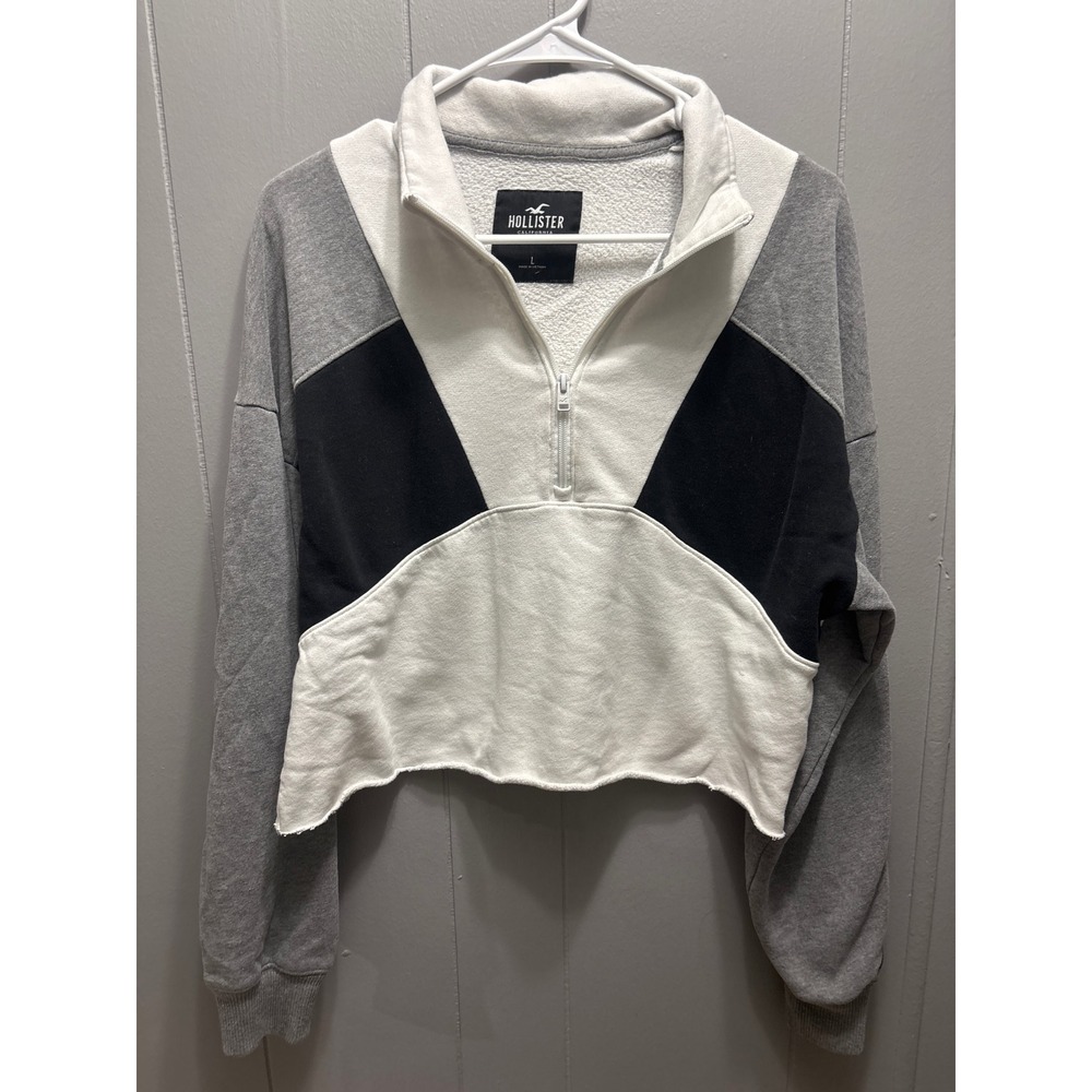 Hollister Zip Cropped Sweatshirt Grey White Black L - Picture 1 of 2
